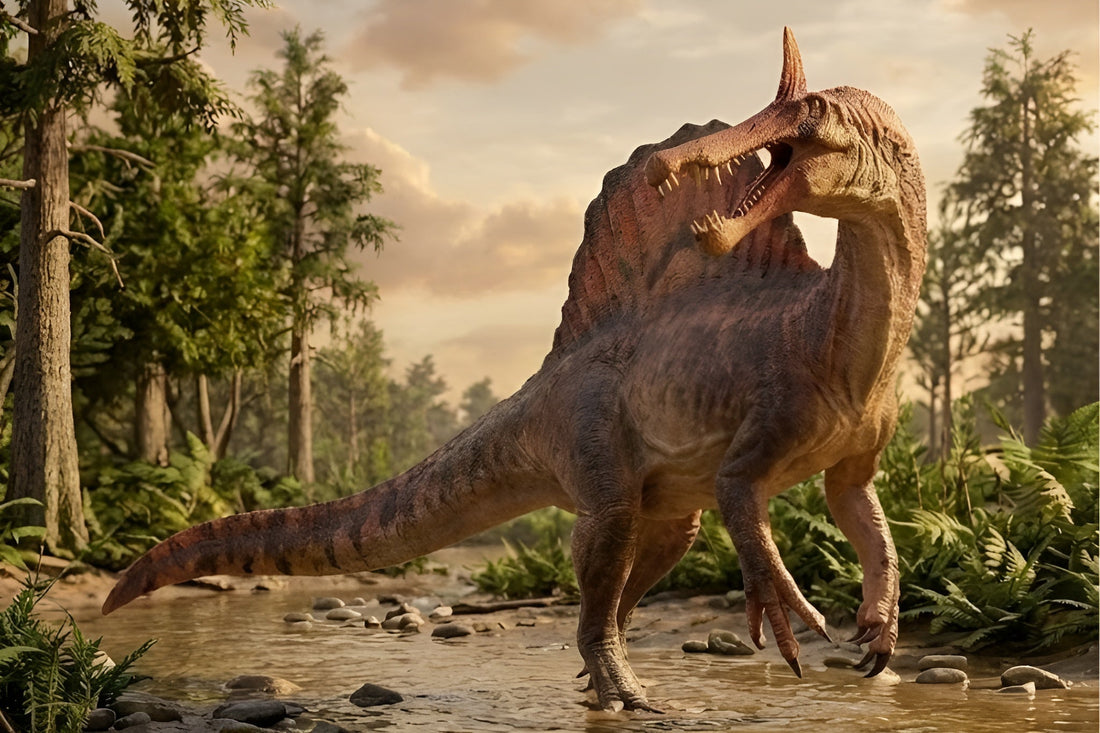 Reconstruction of Spinosaurus mirabilis with scimitar-shaped head crest wading in a Cretaceous river in Niger.