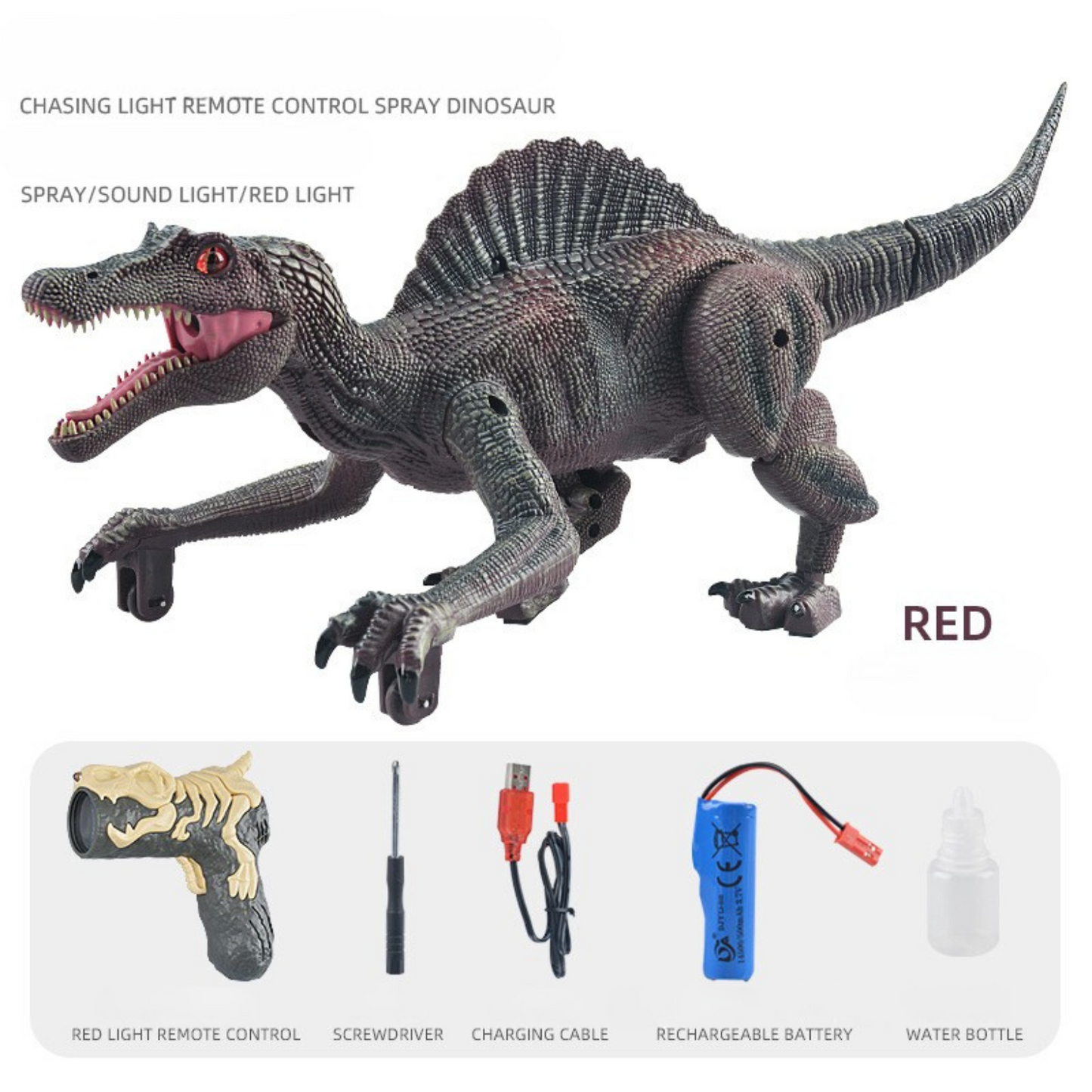 Remote Control Walking Spinosaurus Dinosaur Toy – Light Chasing, Spraying, Roaring!