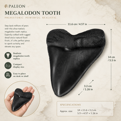 Megalodon tooth replica size guide with black shark tooth dimensions and hand scale reference