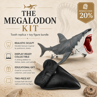 The Megalodon Kit bundle with megalodon toy figure, tooth replica, and 20% discount for collectors