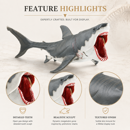 Megalodon toy figure feature highlights with detailed teeth, realistic sculpt, and textured finish