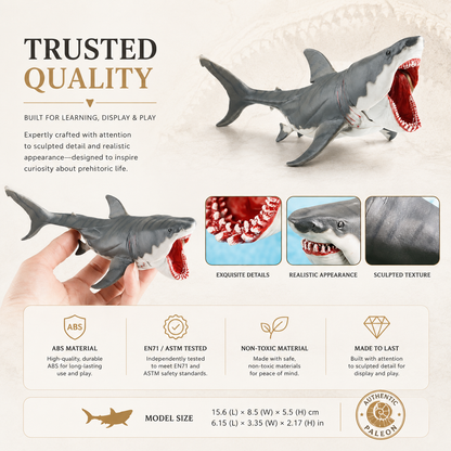 The Megalodon Kit trusted quality image with shark figure, tooth replica, and collector gift details